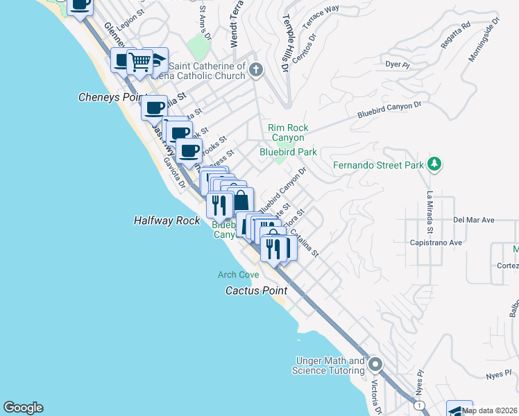 map of restaurants, bars, coffee shops, grocery stores, and more near 379 Bluebird Canyon Drive in Laguna Beach