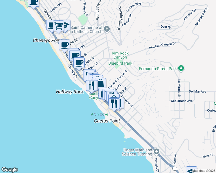 map of restaurants, bars, coffee shops, grocery stores, and more near 358 Bluebird Canyon Drive in Laguna Beach