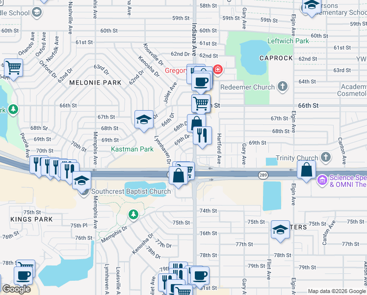 map of restaurants, bars, coffee shops, grocery stores, and more near 3410 70th Drive in Lubbock