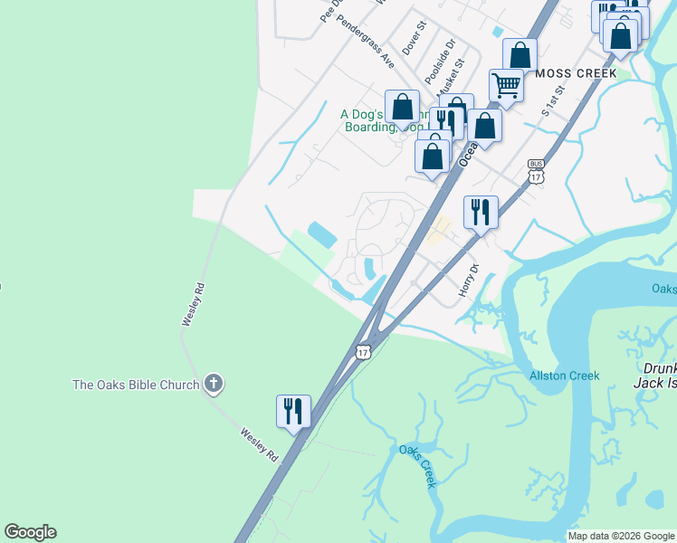 map of restaurants, bars, coffee shops, grocery stores, and more near Saxon Court in Murrells Inlet