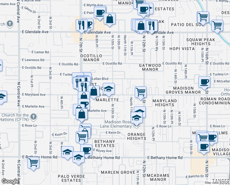 map of restaurants, bars, coffee shops, grocery stores, and more near 6501 North 10th Street in Phoenix