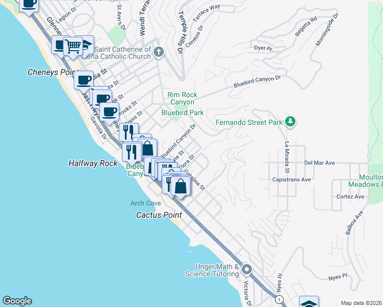map of restaurants, bars, coffee shops, grocery stores, and more near 518 Flora Street in Laguna Beach