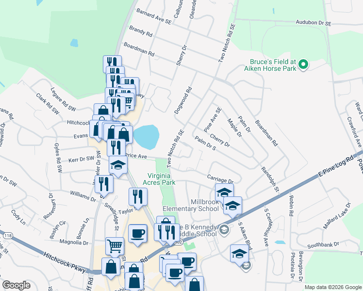 map of restaurants, bars, coffee shops, grocery stores, and more near 1518 Two Notch Road Southeast in Aiken
