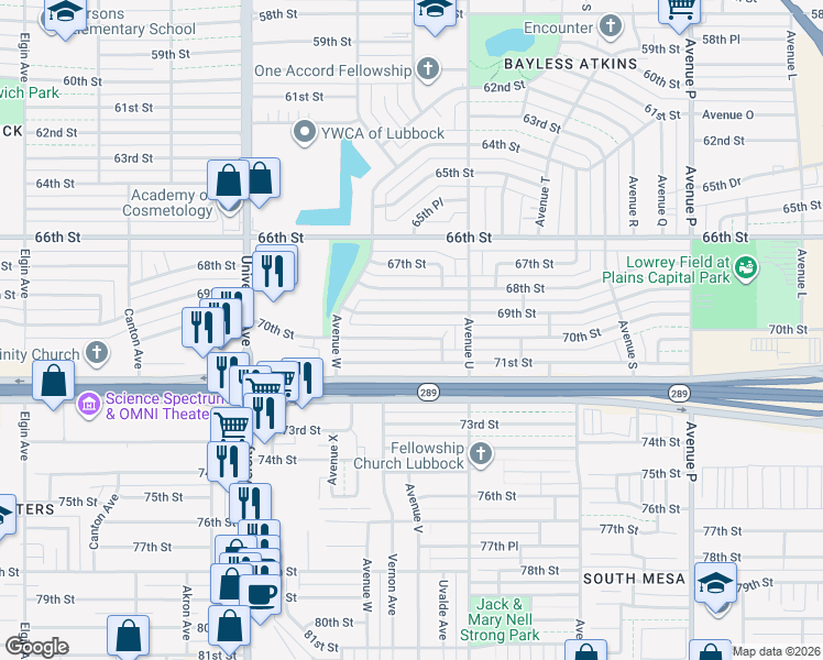 map of restaurants, bars, coffee shops, grocery stores, and more near 2105 70th Street in Lubbock