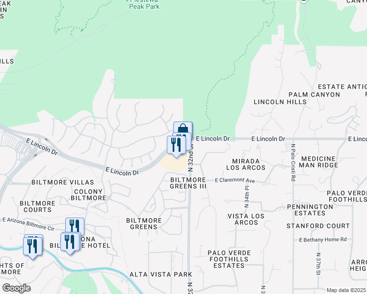 map of restaurants, bars, coffee shops, grocery stores, and more near 3165 East Lincoln Drive in Phoenix