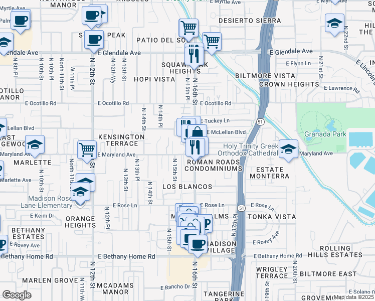 map of restaurants, bars, coffee shops, grocery stores, and more near 1535 East Maryland Avenue in Phoenix