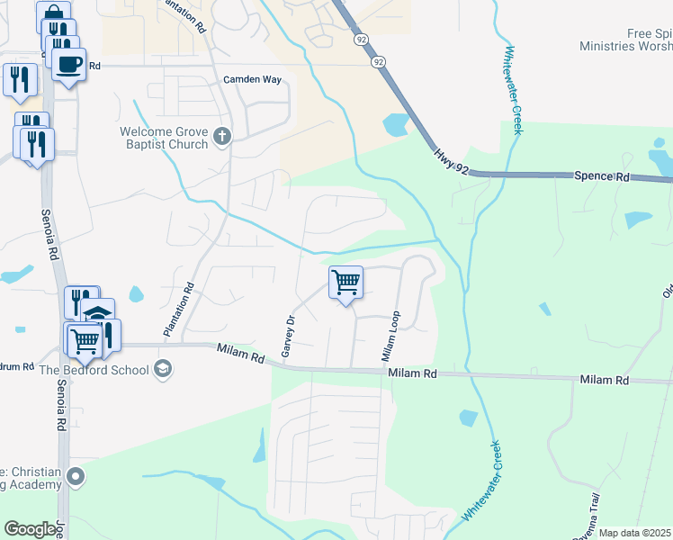 map of restaurants, bars, coffee shops, grocery stores, and more near 5370 Garvey Drive in Fairburn