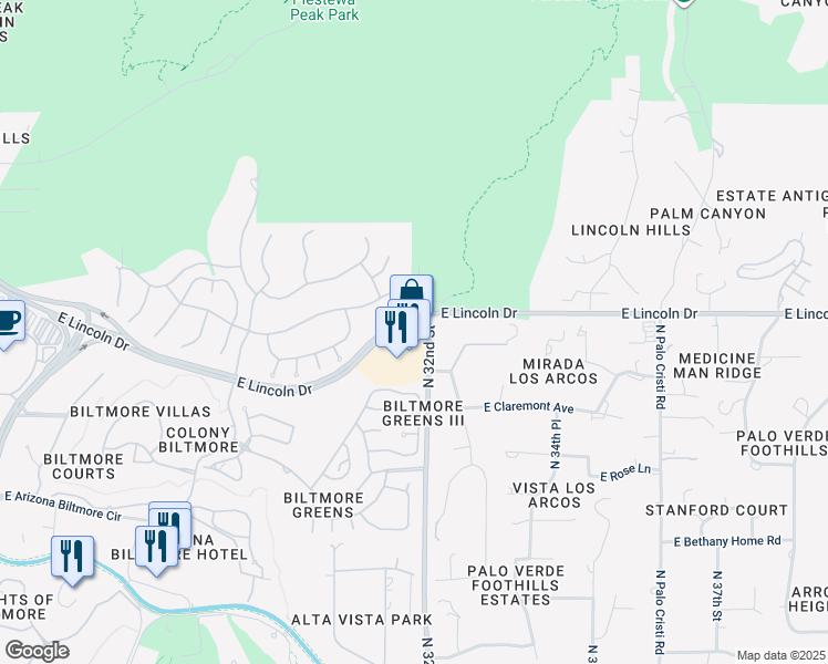 map of restaurants, bars, coffee shops, grocery stores, and more near 3165 East Lincoln Drive in Phoenix