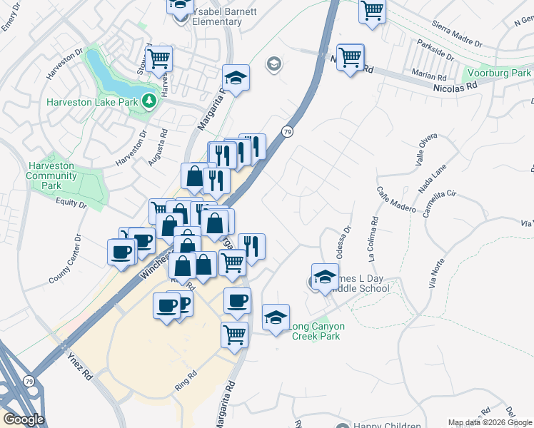 map of restaurants, bars, coffee shops, grocery stores, and more near 27457 Stanford Drive in Temecula