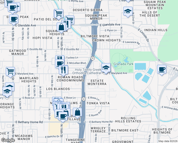 map of restaurants, bars, coffee shops, grocery stores, and more near 1824 East Maryland Avenue in Phoenix