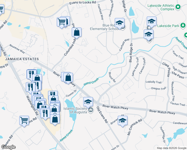 map of restaurants, bars, coffee shops, grocery stores, and more near 4361 River Watch Parkway in Evans