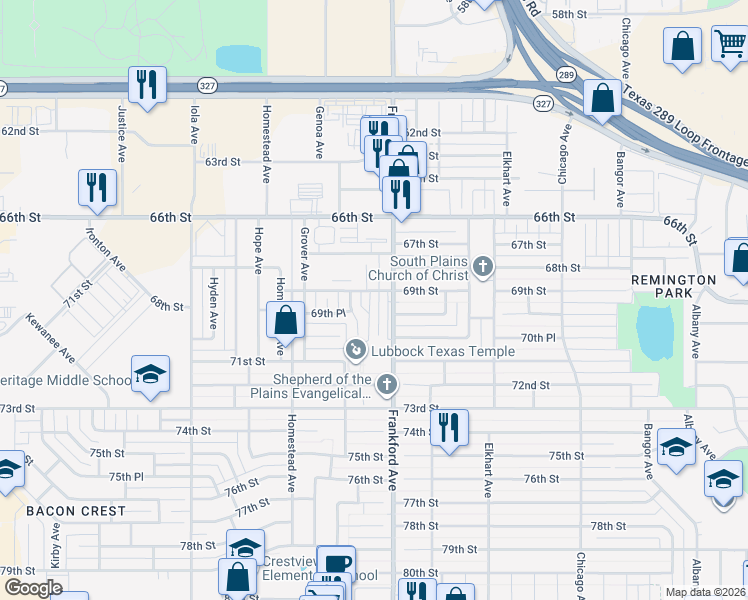 map of restaurants, bars, coffee shops, grocery stores, and more near 6907 Freeport Avenue in Lubbock