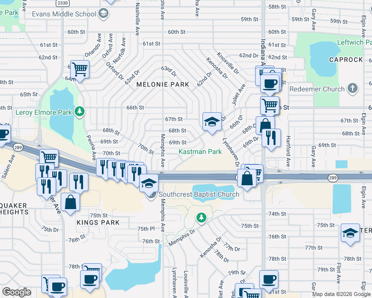 map of restaurants, bars, coffee shops, grocery stores, and more near 3706 70th Street in Lubbock