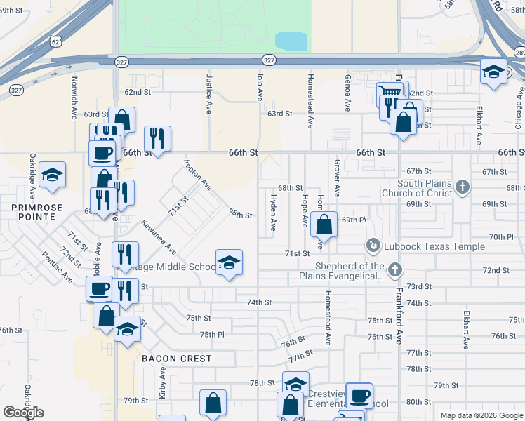 map of restaurants, bars, coffee shops, grocery stores, and more near 6818 70th Street in Lubbock