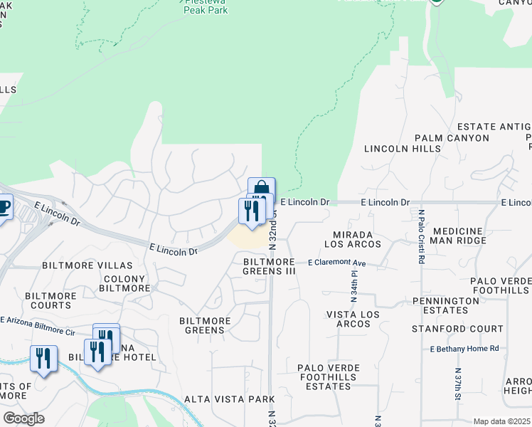 map of restaurants, bars, coffee shops, grocery stores, and more near 3131 East Lincoln Drive in Phoenix