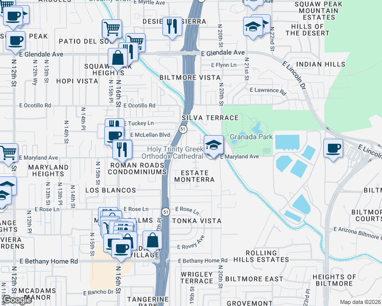 map of restaurants, bars, coffee shops, grocery stores, and more near 6498 North 19th Street in Phoenix