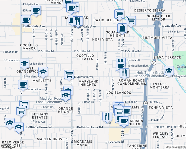 map of restaurants, bars, coffee shops, grocery stores, and more near 1336 East Maryland Avenue in Phoenix