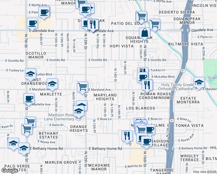 map of restaurants, bars, coffee shops, grocery stores, and more near 1336 East Maryland Avenue in Phoenix