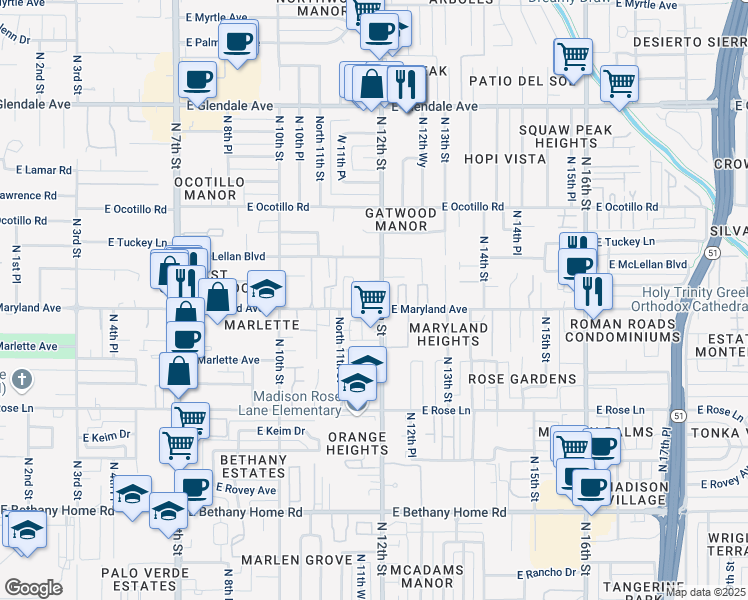 map of restaurants, bars, coffee shops, grocery stores, and more near in Phoenix
