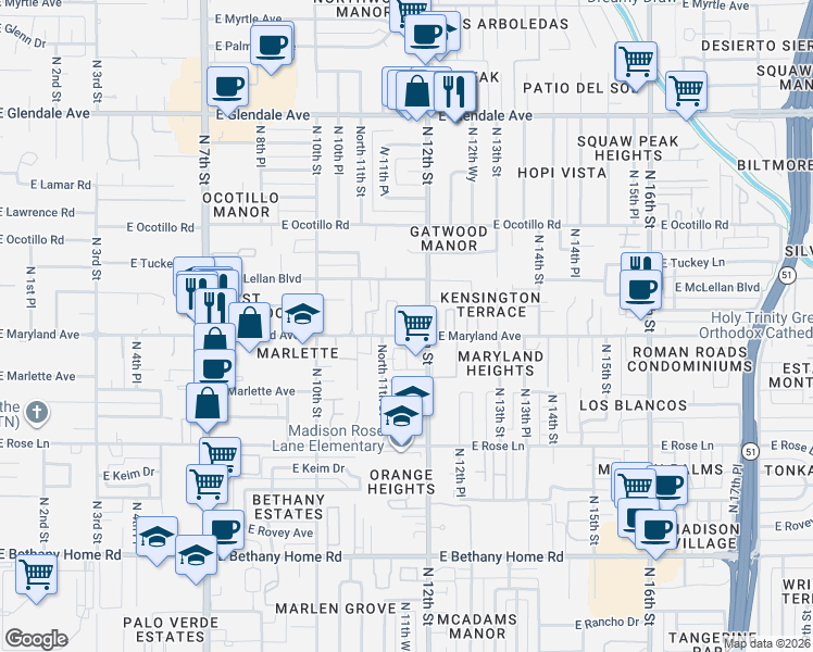 map of restaurants, bars, coffee shops, grocery stores, and more near 1111 East Maryland Avenue in Phoenix