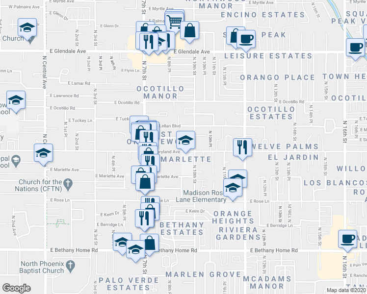 map of restaurants, bars, coffee shops, grocery stores, and more near 815 East Maryland Avenue in Phoenix
