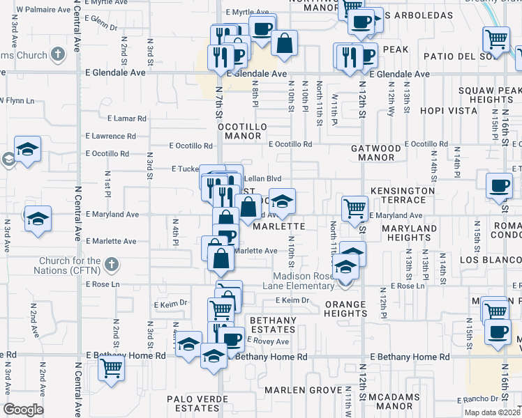 map of restaurants, bars, coffee shops, grocery stores, and more near 815 East Maryland Avenue in Phoenix