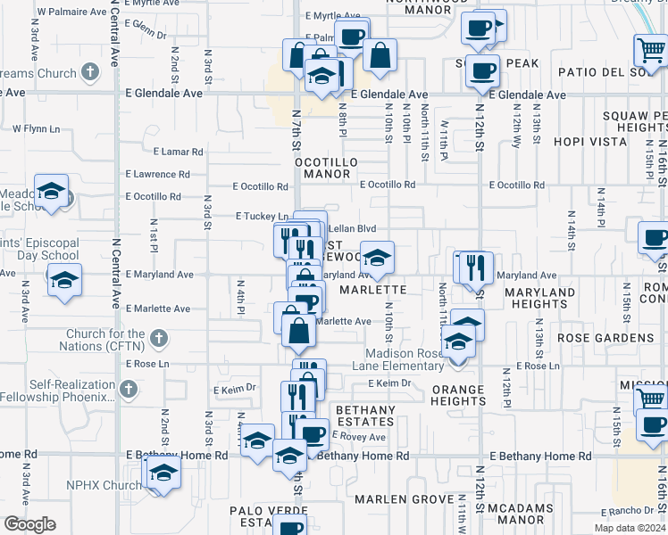 map of restaurants, bars, coffee shops, grocery stores, and more near 727 East Maryland Avenue in Phoenix