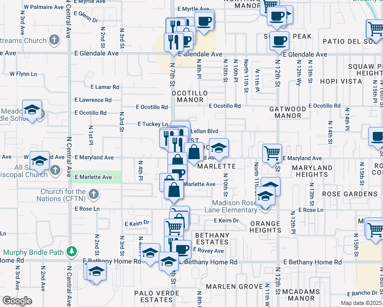 map of restaurants, bars, coffee shops, grocery stores, and more near 727 East Maryland Avenue in Phoenix