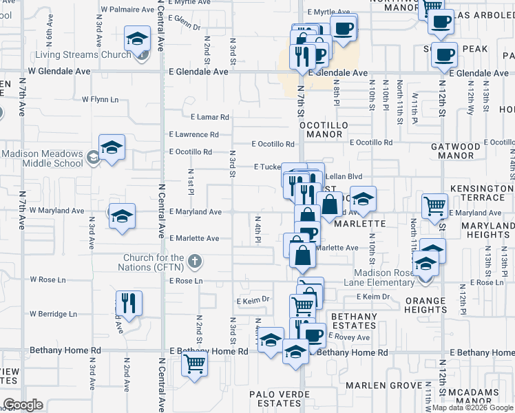 map of restaurants, bars, coffee shops, grocery stores, and more near 330 East Maryland Avenue in Phoenix