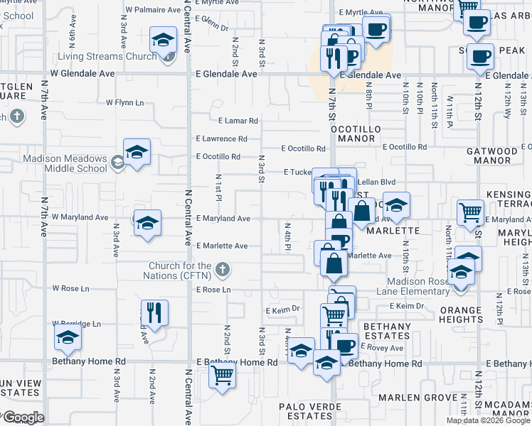 map of restaurants, bars, coffee shops, grocery stores, and more near 147 East Maryland Avenue in Phoenix