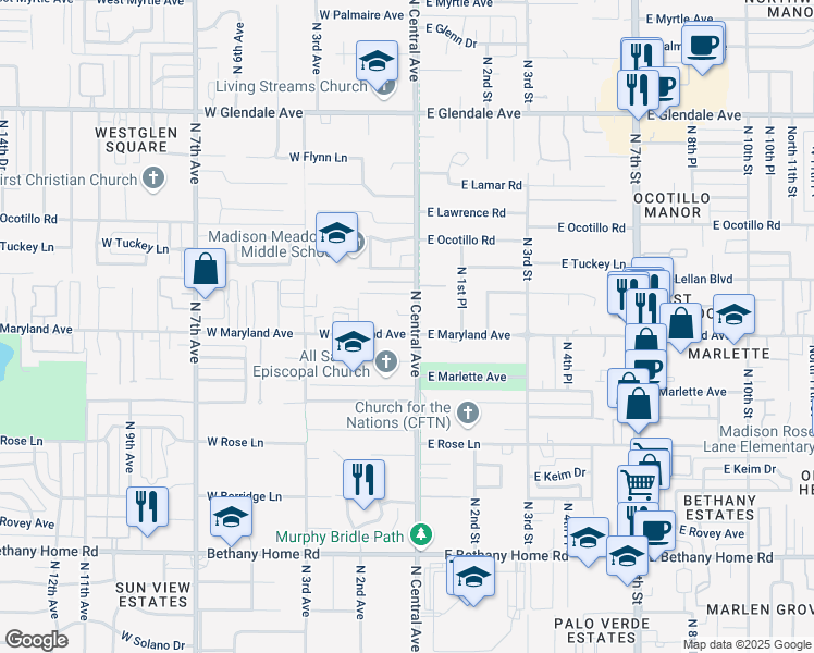 map of restaurants, bars, coffee shops, grocery stores, and more near 6336 North Central Avenue in Phoenix
