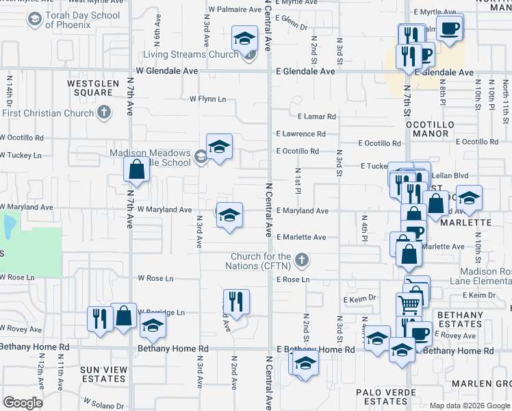 map of restaurants, bars, coffee shops, grocery stores, and more near 11 West Maryland Avenue in Phoenix
