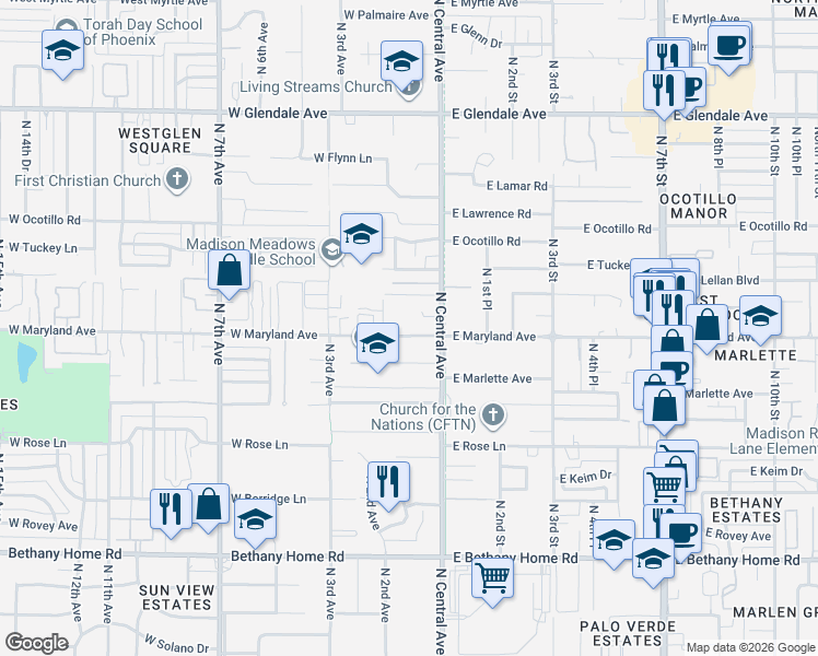 map of restaurants, bars, coffee shops, grocery stores, and more near 39 West Maryland Avenue in Phoenix