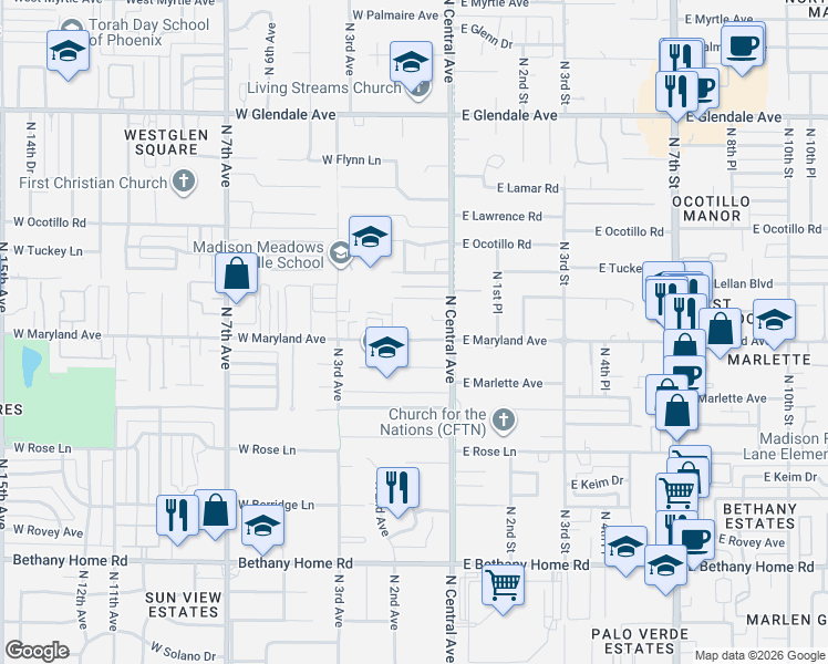 map of restaurants, bars, coffee shops, grocery stores, and more near 39 West Maryland Avenue in Phoenix