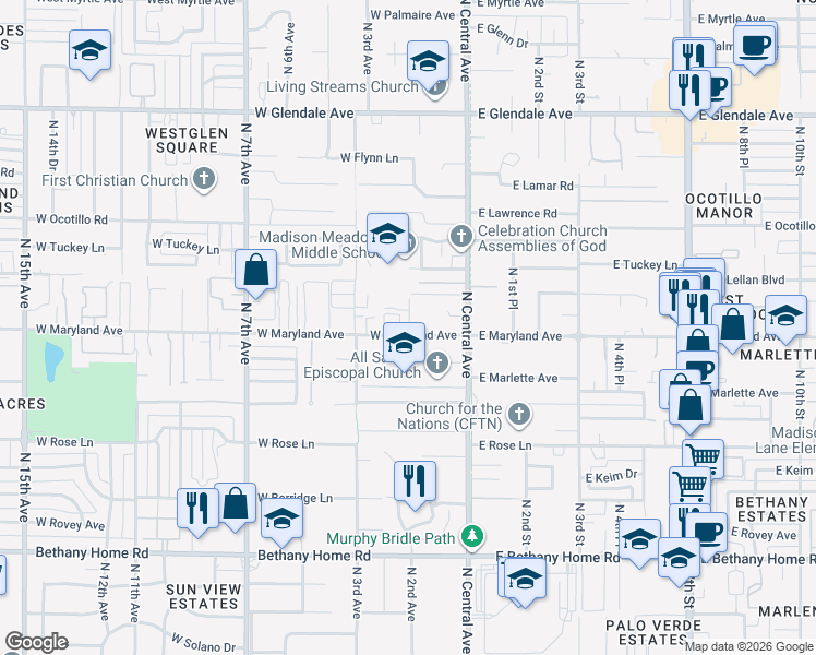 map of restaurants, bars, coffee shops, grocery stores, and more near 39 West Maryland Avenue in Phoenix