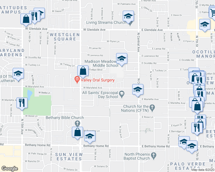 map of restaurants, bars, coffee shops, grocery stores, and more near 311 West Maryland Avenue in Phoenix