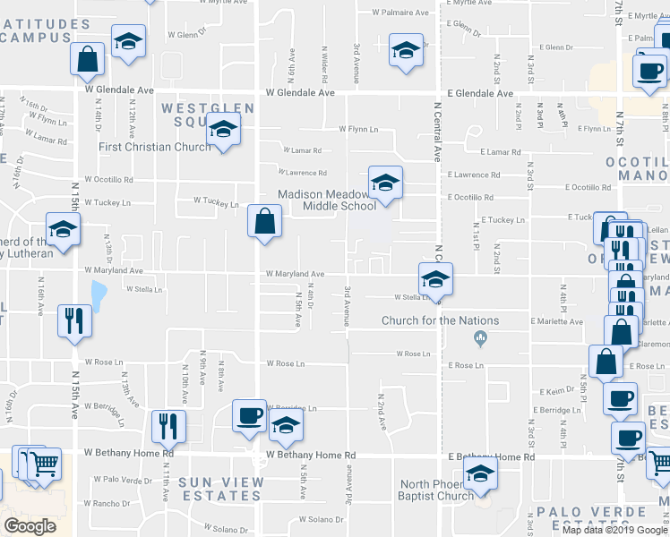 map of restaurants, bars, coffee shops, grocery stores, and more near 311 West Maryland Avenue in Phoenix
