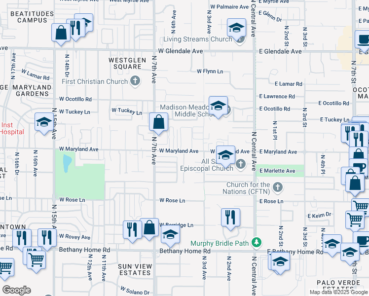 map of restaurants, bars, coffee shops, grocery stores, and more near 6315 North 4th Drive in Phoenix