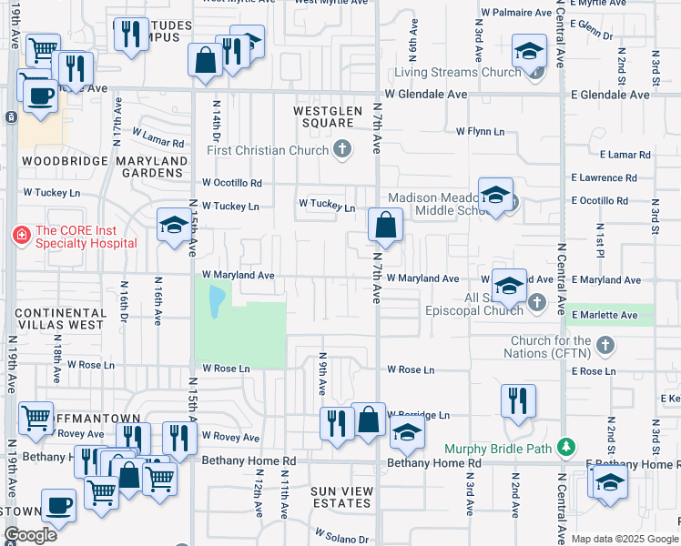 map of restaurants, bars, coffee shops, grocery stores, and more near 809 West Maryland Avenue in Phoenix