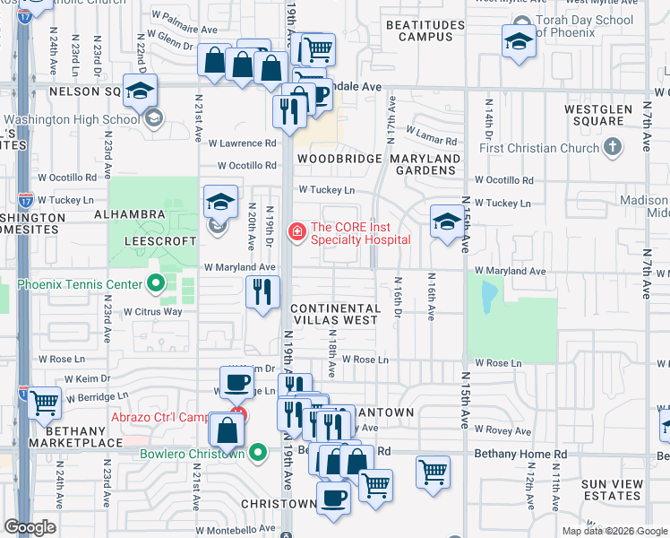 map of restaurants, bars, coffee shops, grocery stores, and more near 1807 West Maryland Avenue in Phoenix