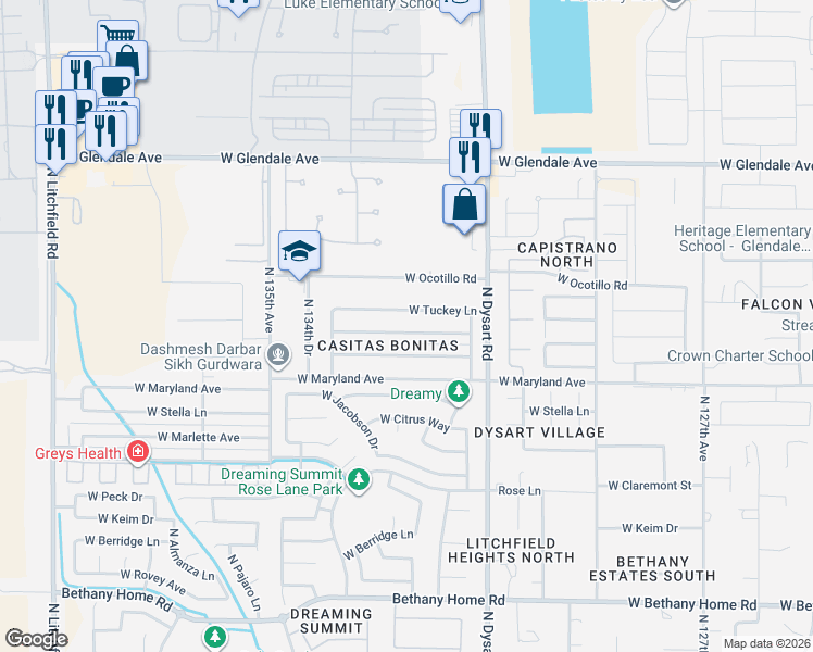map of restaurants, bars, coffee shops, grocery stores, and more near 13217 West McLellan Road in Glendale