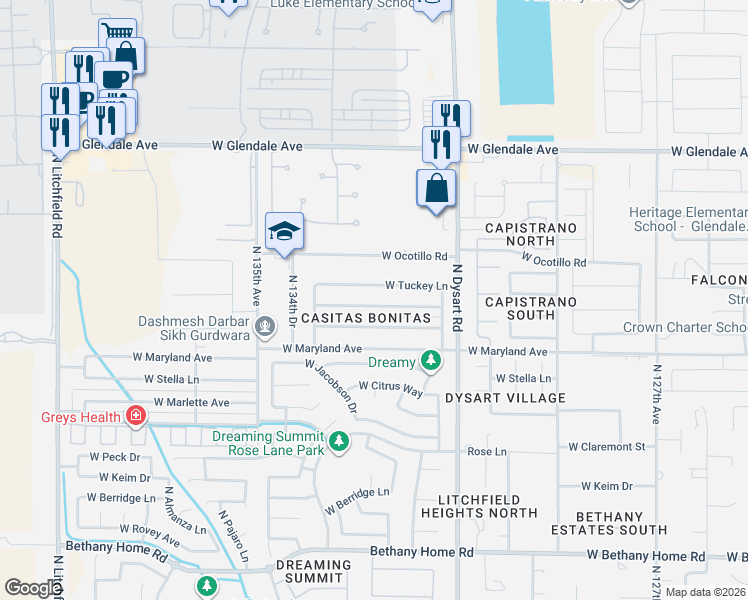 map of restaurants, bars, coffee shops, grocery stores, and more near 13217 West McLellan Road in Glendale