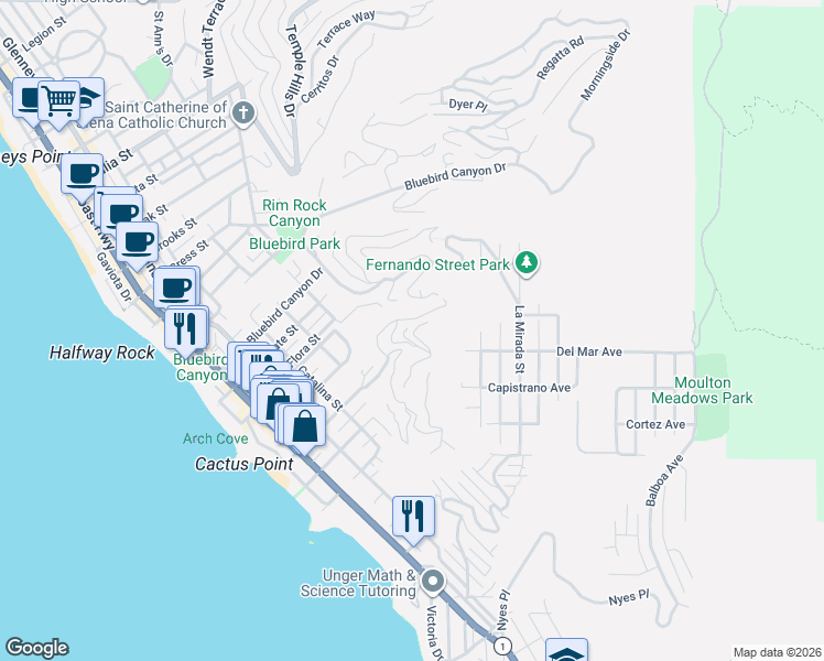 map of restaurants, bars, coffee shops, grocery stores, and more near 8 Pacific Vista in Laguna Beach