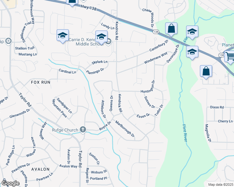 map of restaurants, bars, coffee shops, grocery stores, and more near 8169 Kendrick Road in Jonesboro