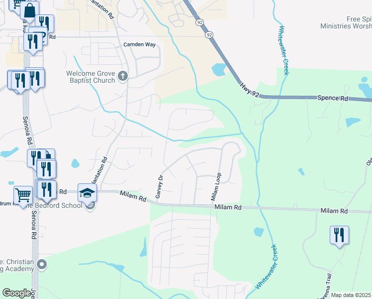 map of restaurants, bars, coffee shops, grocery stores, and more near 5375 Garvey Drive in Fairburn