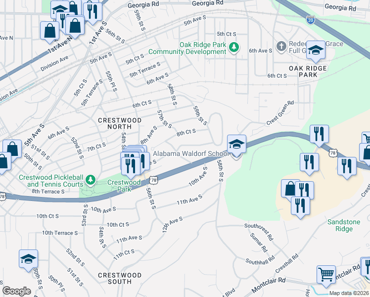 map of restaurants, bars, coffee shops, grocery stores, and more near 909 57th Street South in Birmingham