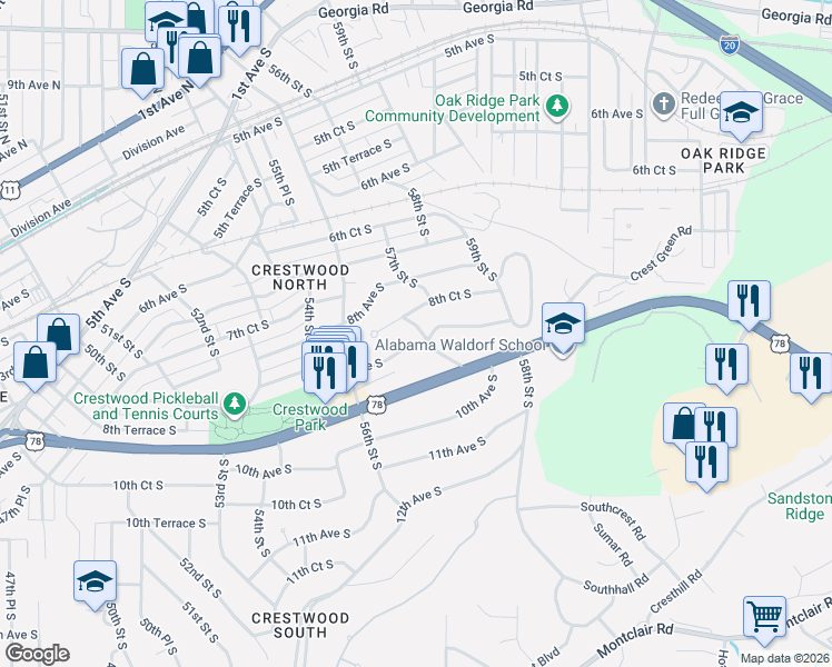 map of restaurants, bars, coffee shops, grocery stores, and more near 5638 9th Avenue South in Birmingham