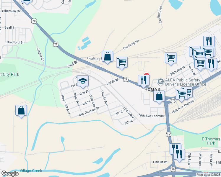 map of restaurants, bars, coffee shops, grocery stores, and more near 302 3rd Street in Birmingham