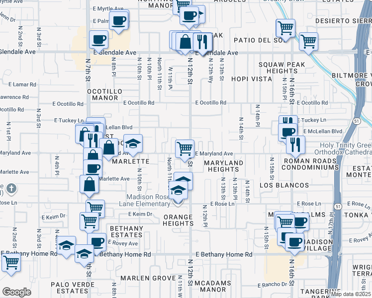 map of restaurants, bars, coffee shops, grocery stores, and more near 6502 North 12th Street in Phoenix