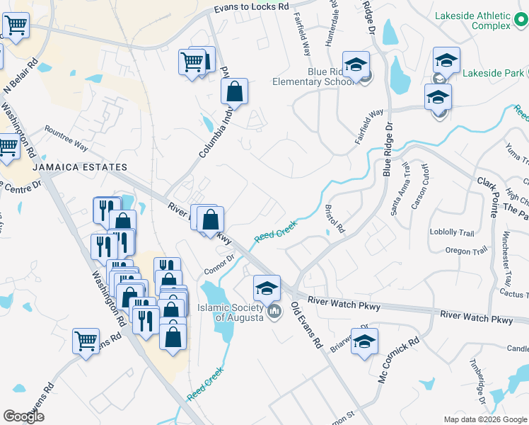 map of restaurants, bars, coffee shops, grocery stores, and more near 4361 River Watch Parkway in Evans